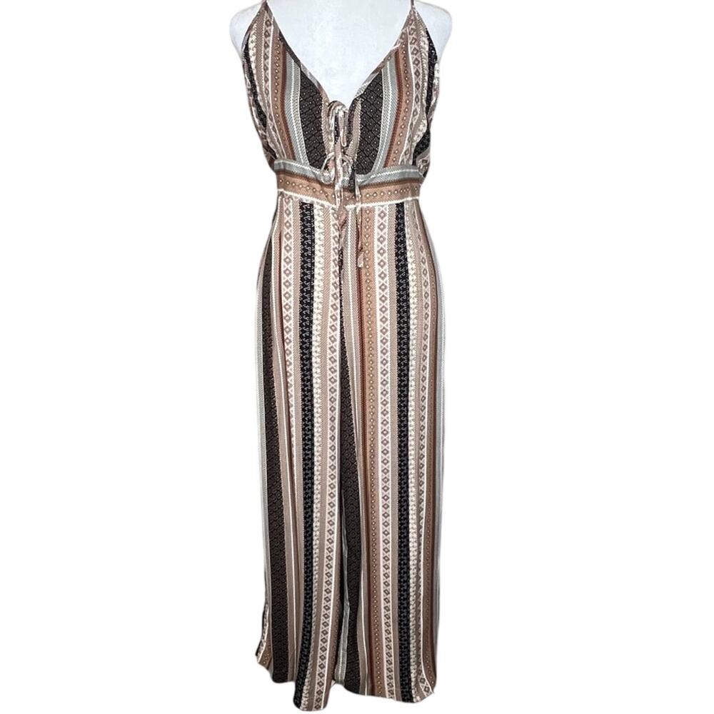 Dress Forum Jumpsuit NWT Size L Tie Bow Open Back Wide Leg Brown Earthy Stripe